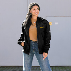 Chaqueta bomber reciclada premium con letras BlinkLand bordadas.